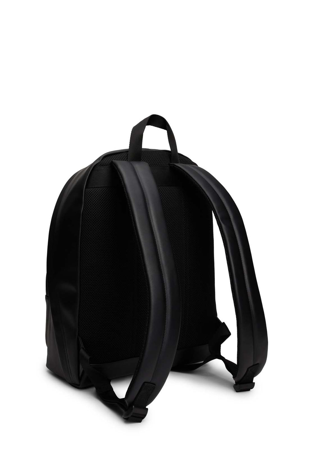 Black faux-leather men's backpack with double zip fastening, padded shoulder straps, and front logo detail. — view 8