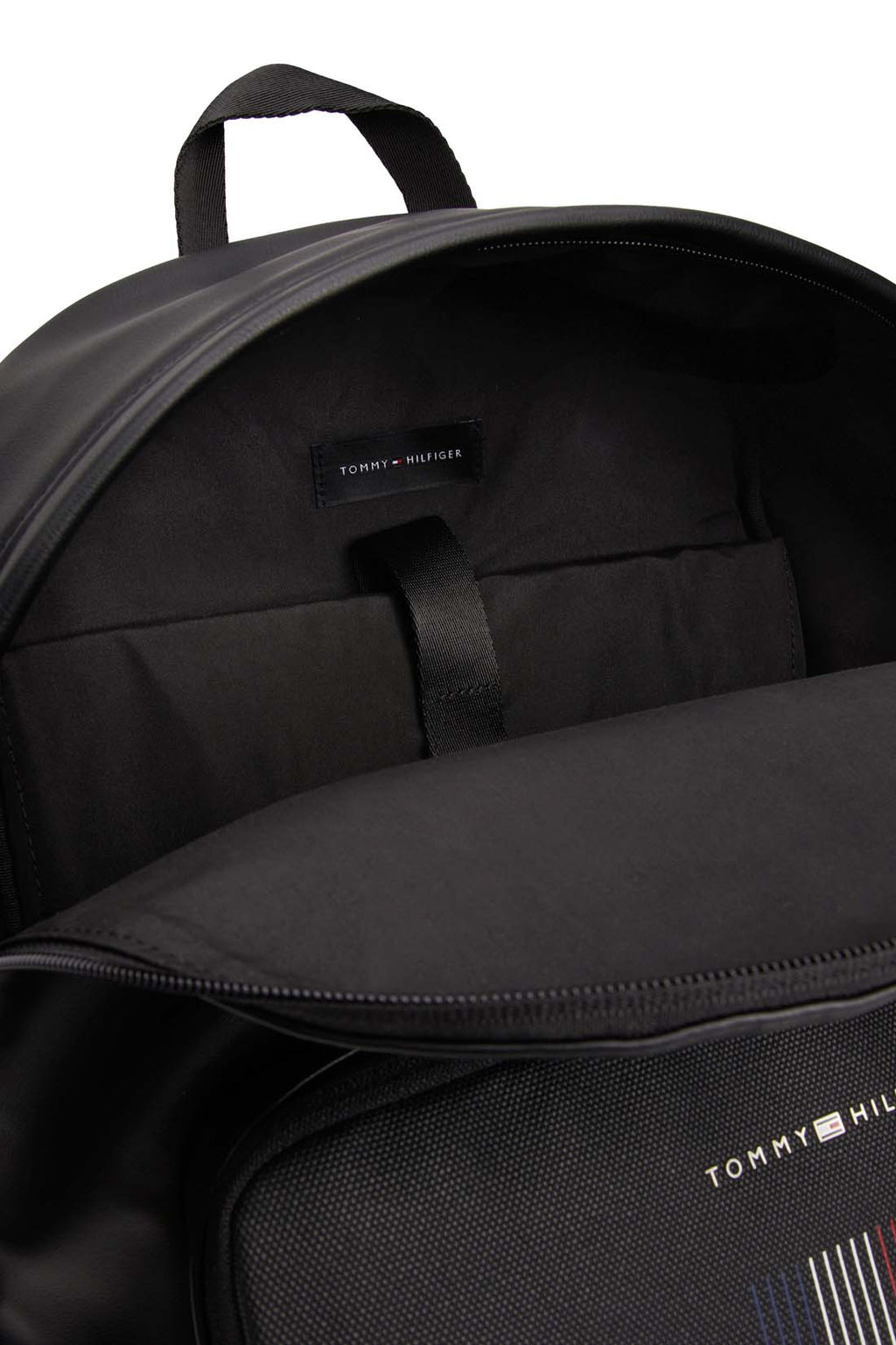 Black faux-leather men's backpack with double zip fastening, padded shoulder straps, and front logo detail.