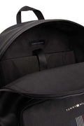 Black faux-leather men's backpack with double zip fastening, padded shoulder straps, and front logo detail.
