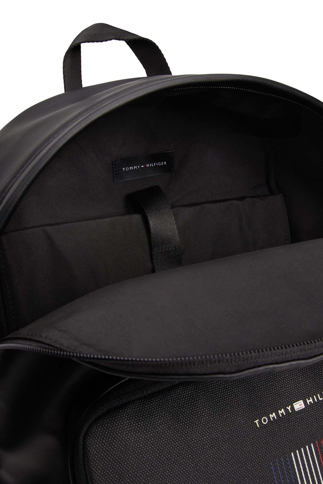Black faux-leather men's backpack with double zip fastening, padded shoulder straps, and front logo detail.