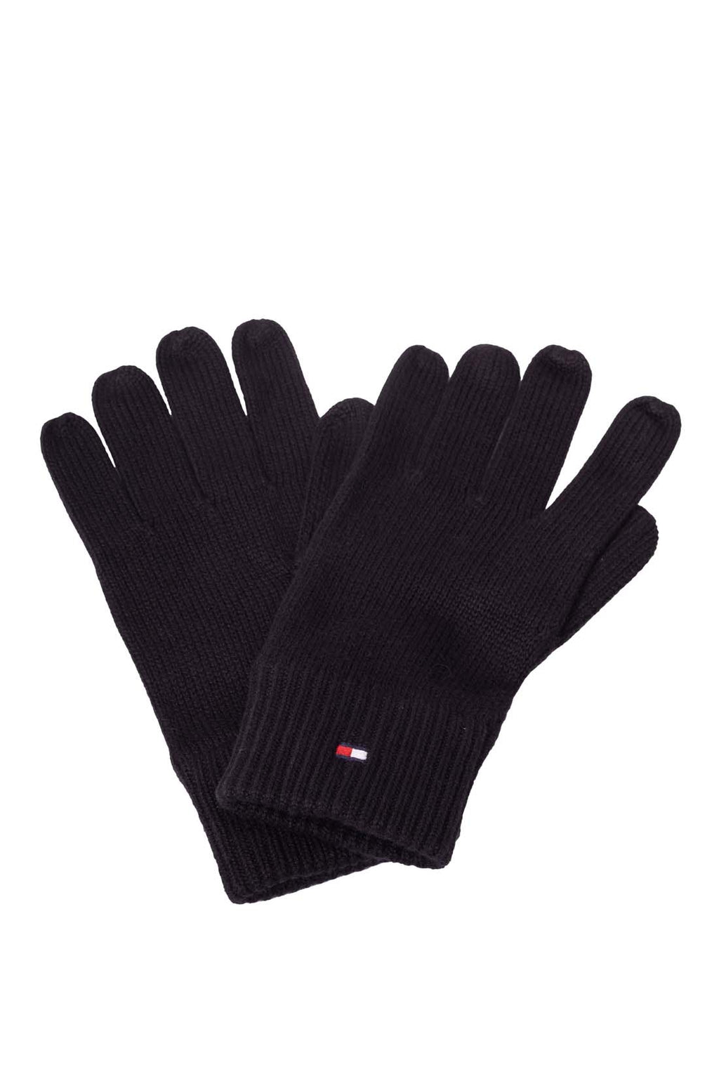 Tommy Hilfiger men's black knit gloves in cotton and cashmere blend with front logo embroidery — view 2