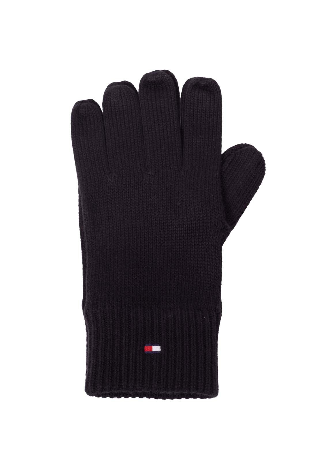 Tommy Hilfiger men's black knit gloves in cotton and cashmere blend with front logo embroidery — view 3