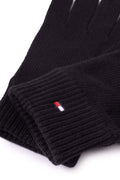 Tommy Hilfiger men's black knit gloves in cotton and cashmere blend with front logo embroidery