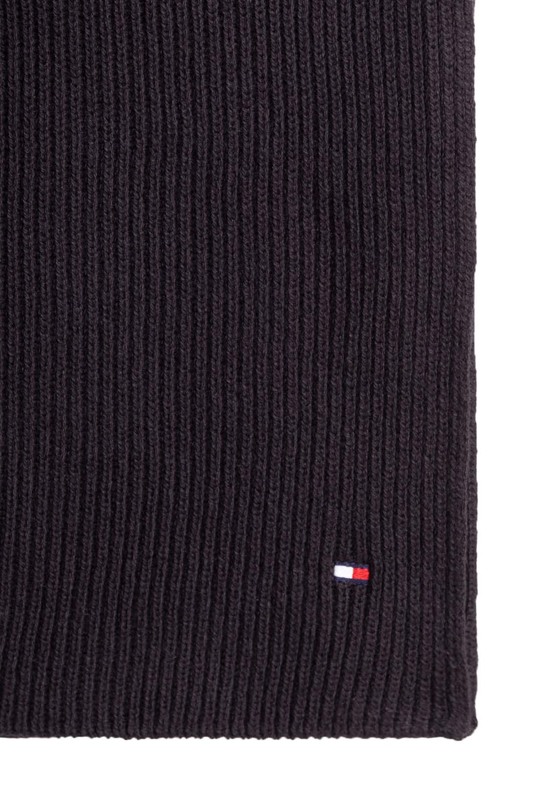 Men's black ribbed knit scarf in cashmere blend featuring Tommy Hilfiger logo embroidery on front — view 2