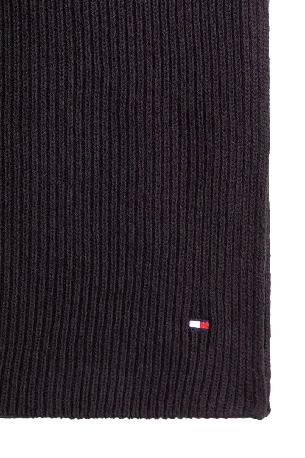 Men's black ribbed knit scarf in cashmere blend featuring Tommy Hilfiger logo embroidery on front — view 5