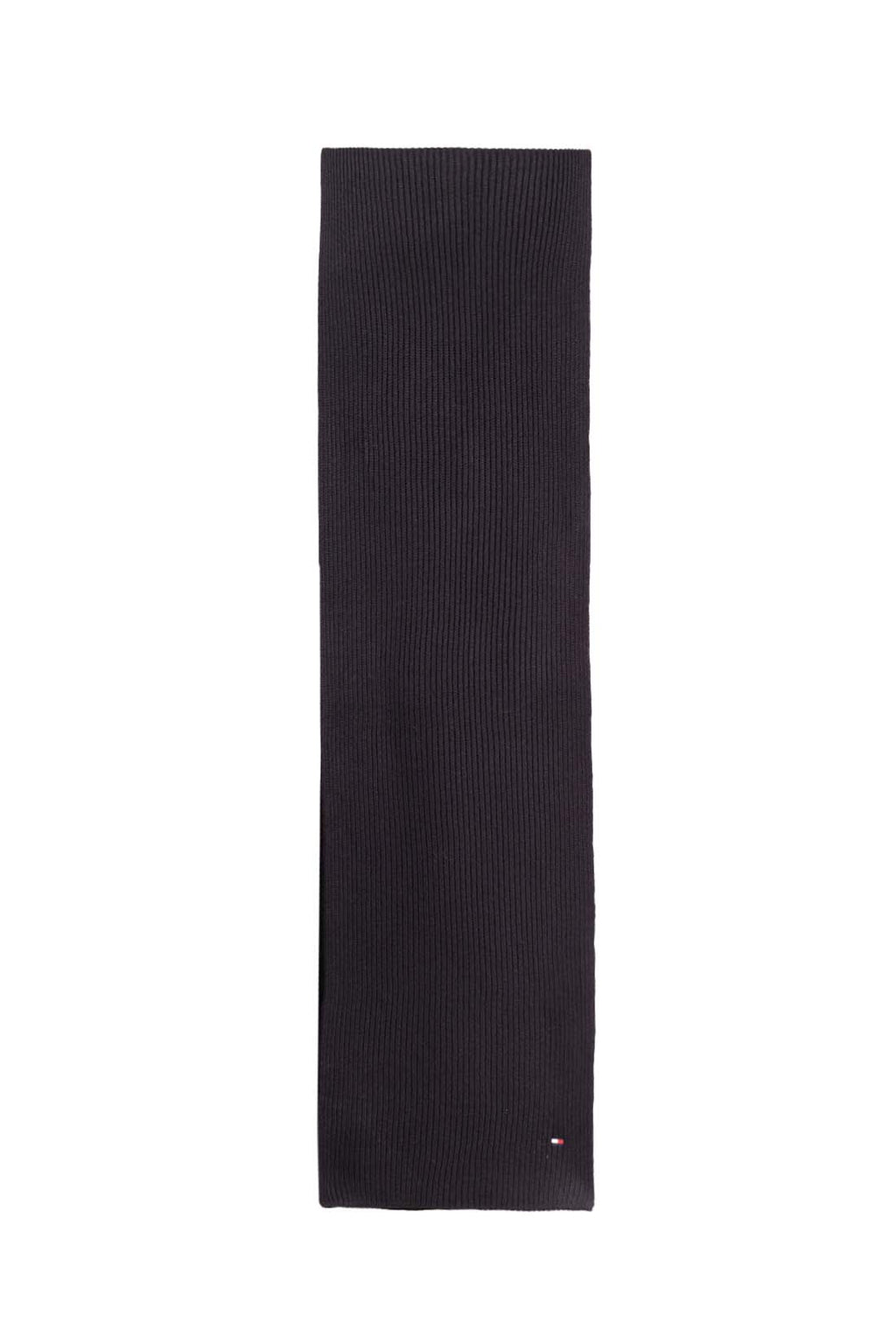Men's black ribbed knit scarf in cashmere blend featuring Tommy Hilfiger logo embroidery on front — view 3