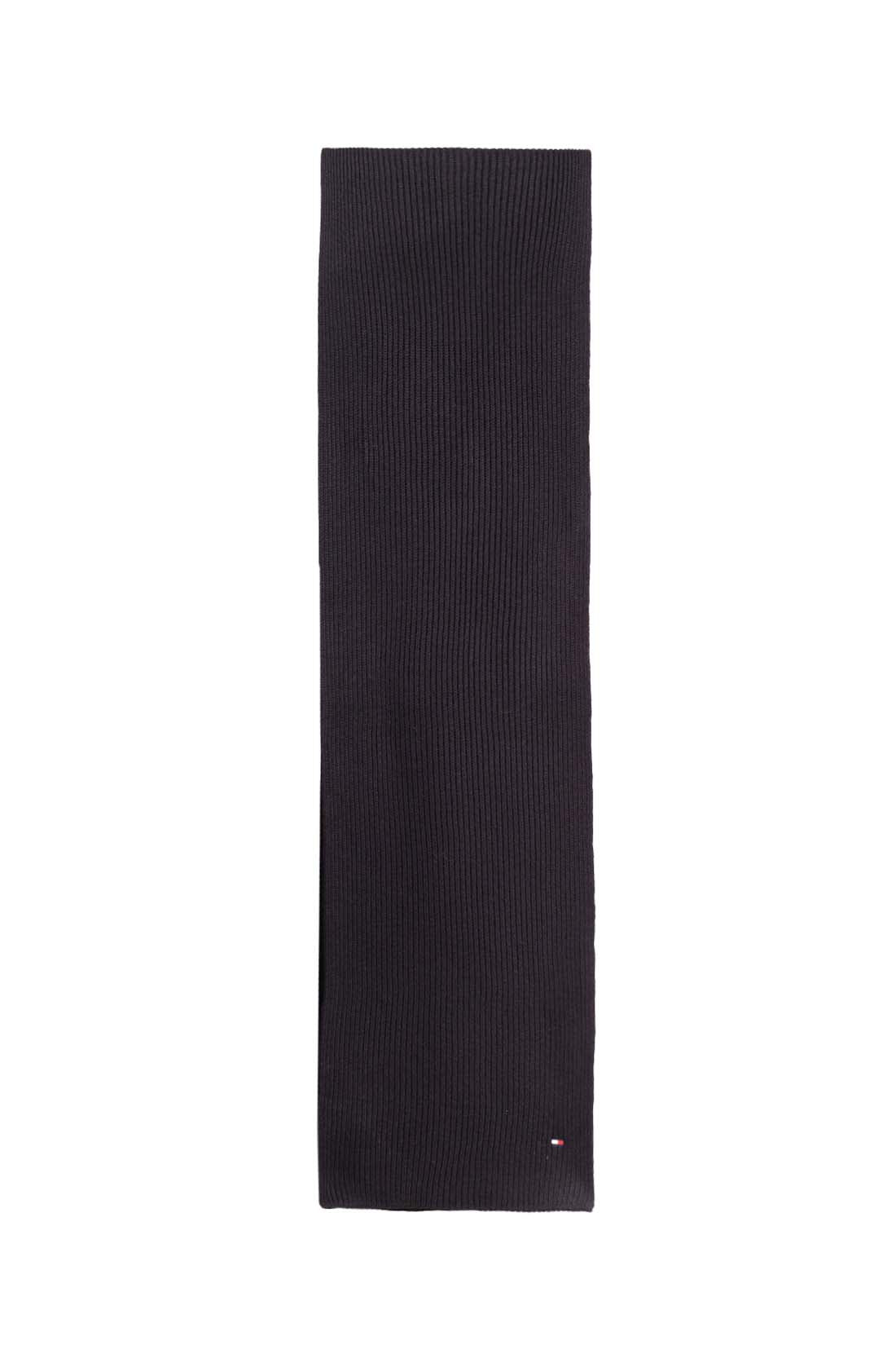 Men's black ribbed knit scarf in cashmere blend featuring Tommy Hilfiger logo embroidery on front — view 3
