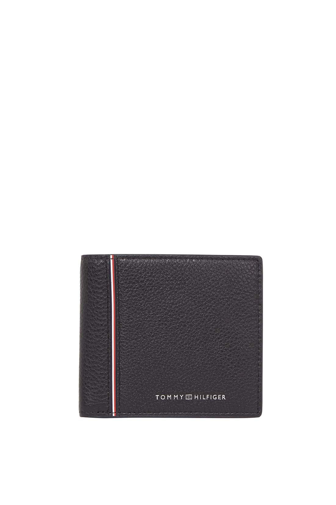 Men's black grained leather bifold wallet featuring card slots, coin pocket, and signature front branding. — view 4