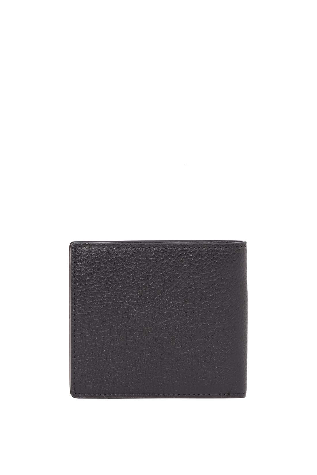 Men's black grained leather bifold wallet featuring card slots, coin pocket, and signature front branding. — view 3