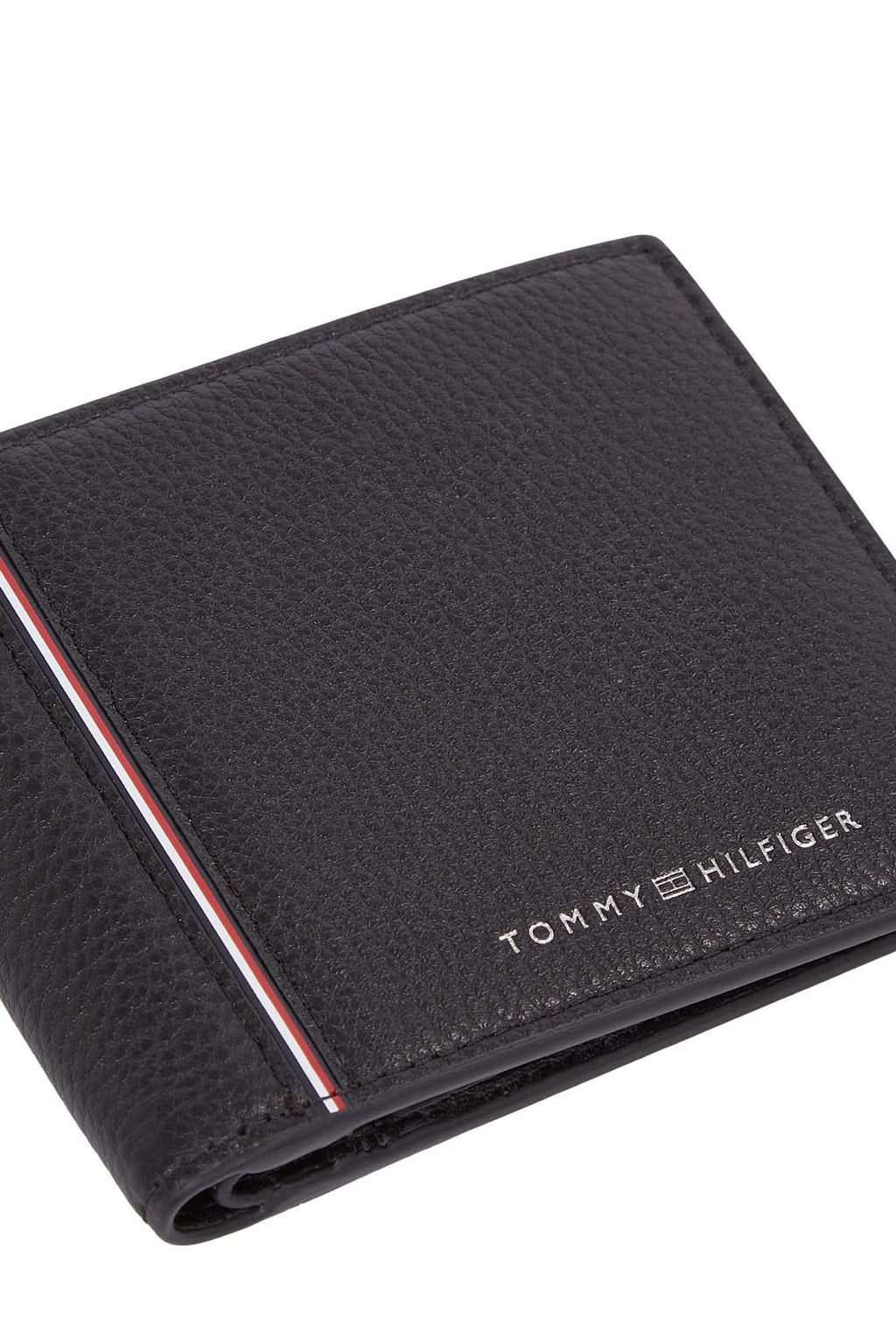 Men's black grained leather bifold wallet featuring card slots, coin pocket, and signature front branding.