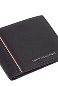 Men's black grained leather bifold wallet featuring card slots, coin pocket, and signature front branding.
