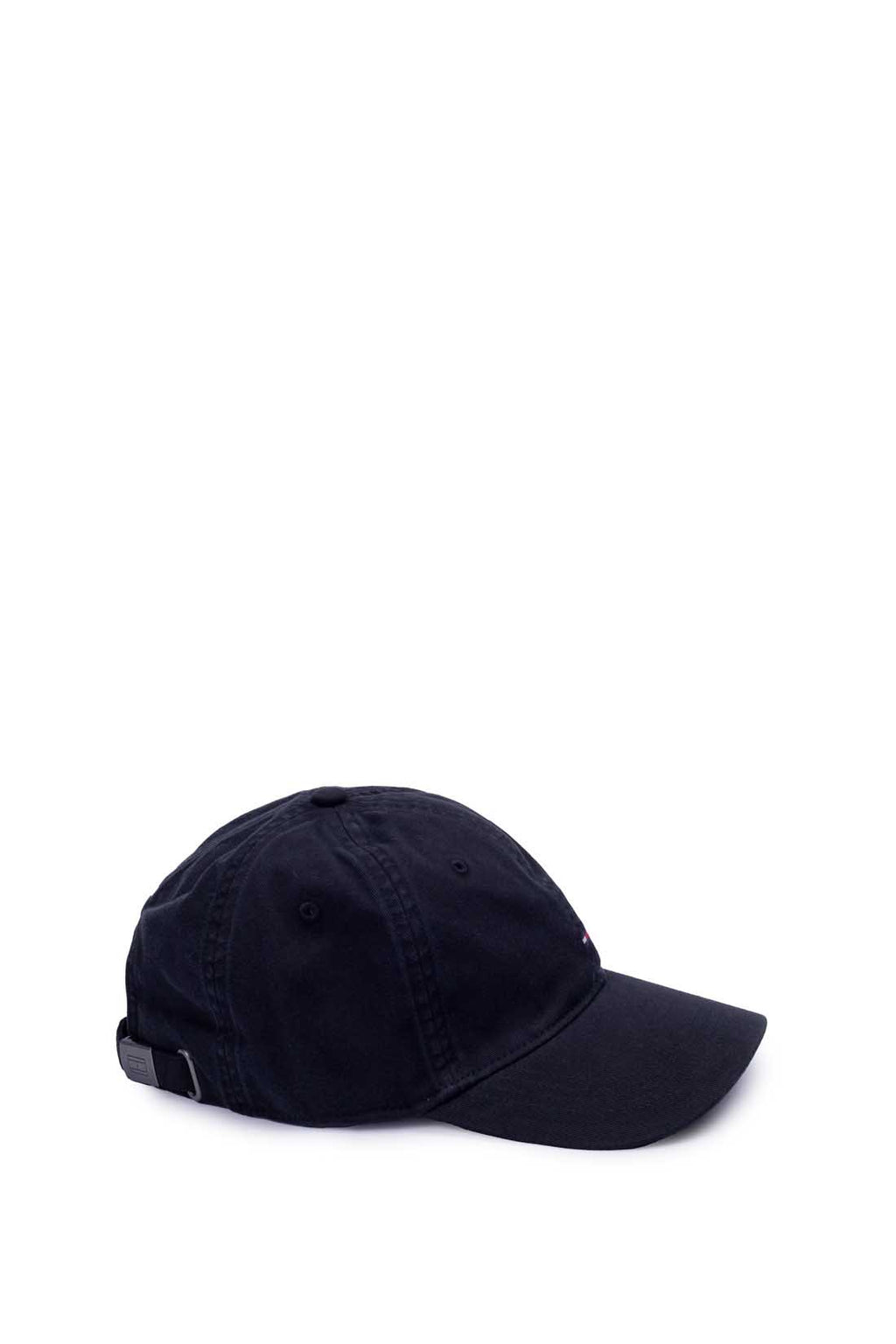 Men's white cotton twill baseball cap with sliding buckle and embroidered logo details on front — view 3