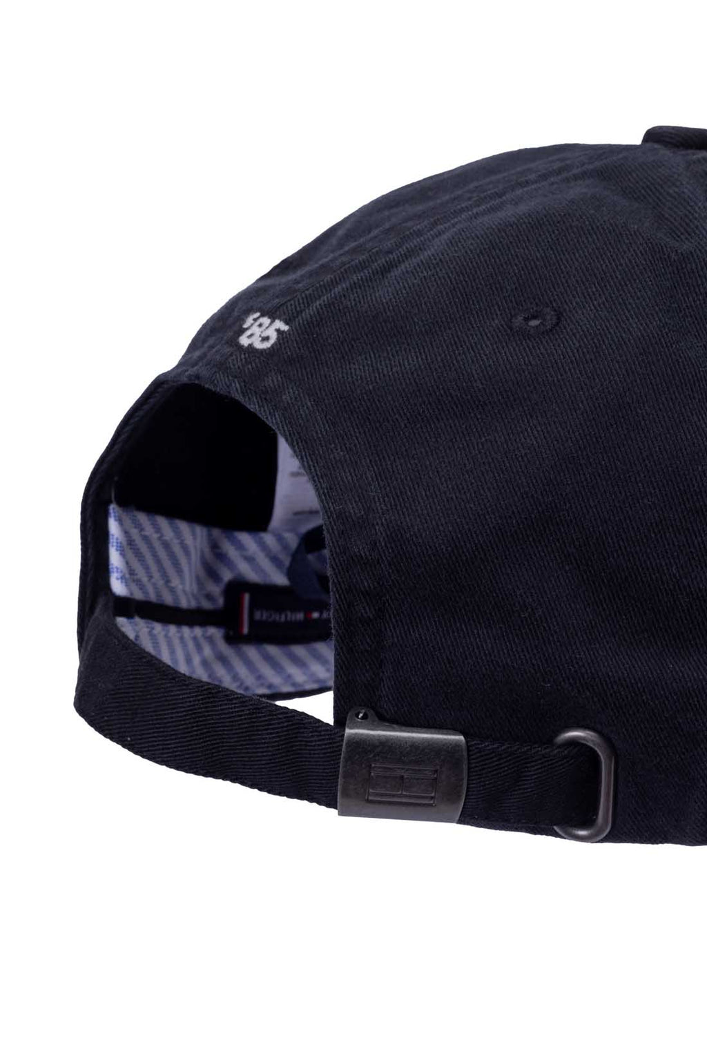 Men's white cotton twill baseball cap with sliding buckle and embroidered logo details on front — view 4