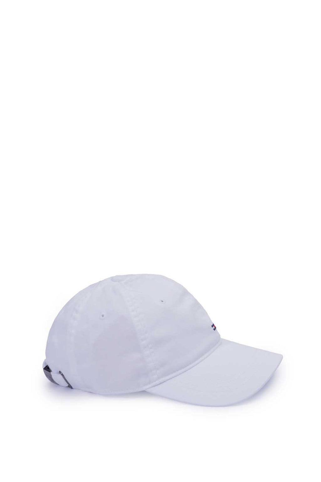 Men's white cotton twill baseball cap with sliding buckle and embroidered logo details on front — view 9