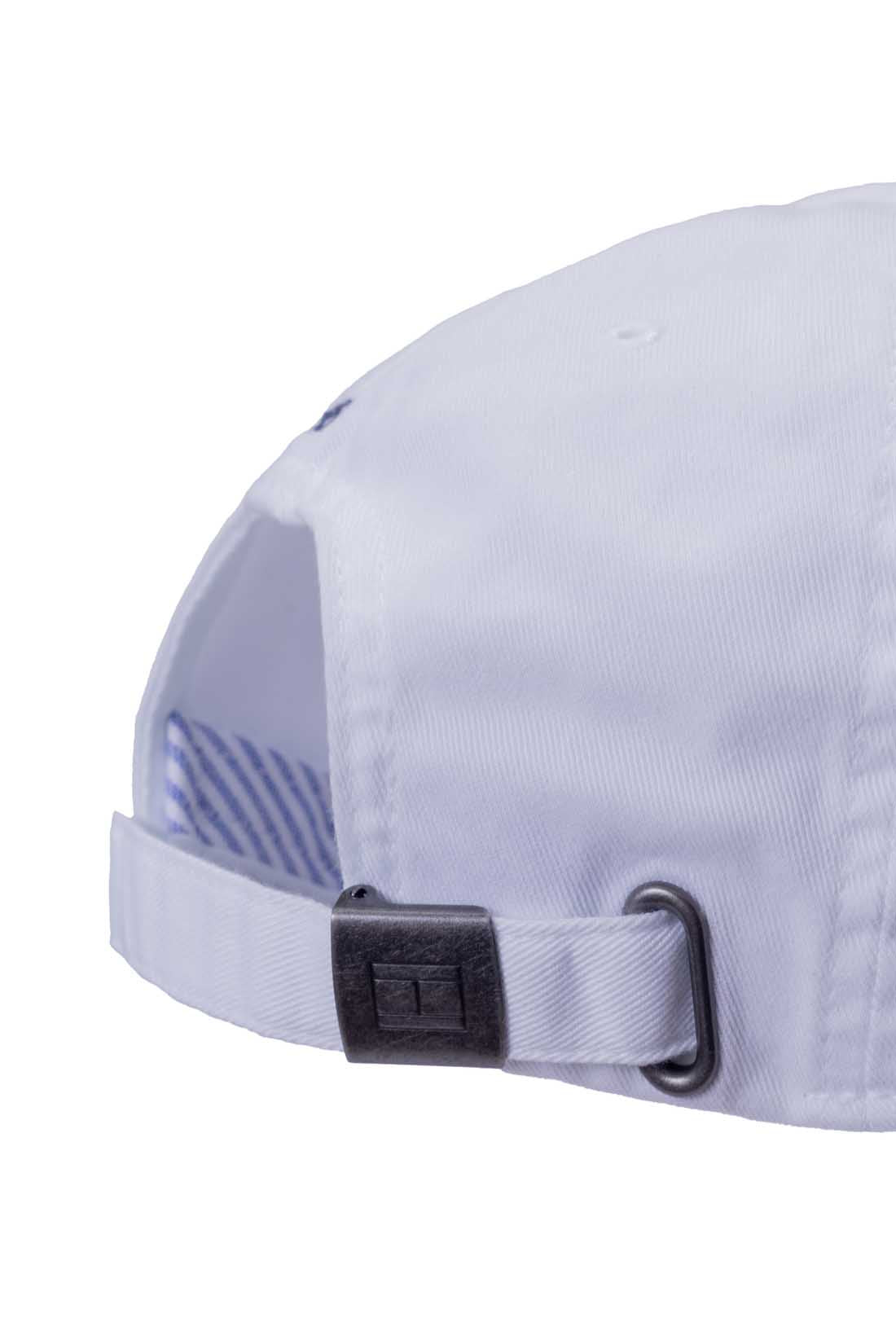 Men's white cotton twill baseball cap with sliding buckle and embroidered logo details on front — view 7