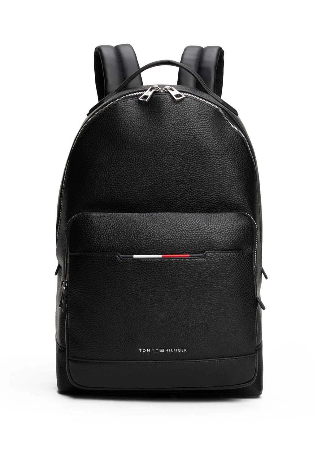 Men's black grained faux-leather backpack with double zip, front pockets, and metal logo detailing — view 5