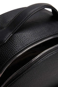 Men's black grained faux-leather backpack with double zip, front pockets, and metal logo detailing