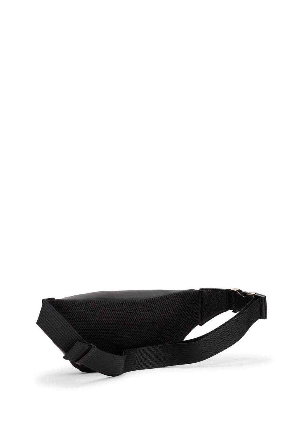 Men's black grained faux-leather bum bag with adjustable shoulder strap and front metal logo hardware. — view 3