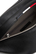 Men's black grained faux-leather bum bag with adjustable shoulder strap and front metal logo hardware.
