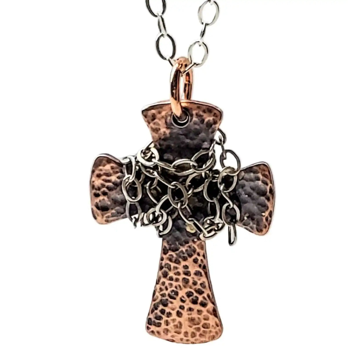 Chained Hammered Copper Cross Necklace For Him Or Her-0