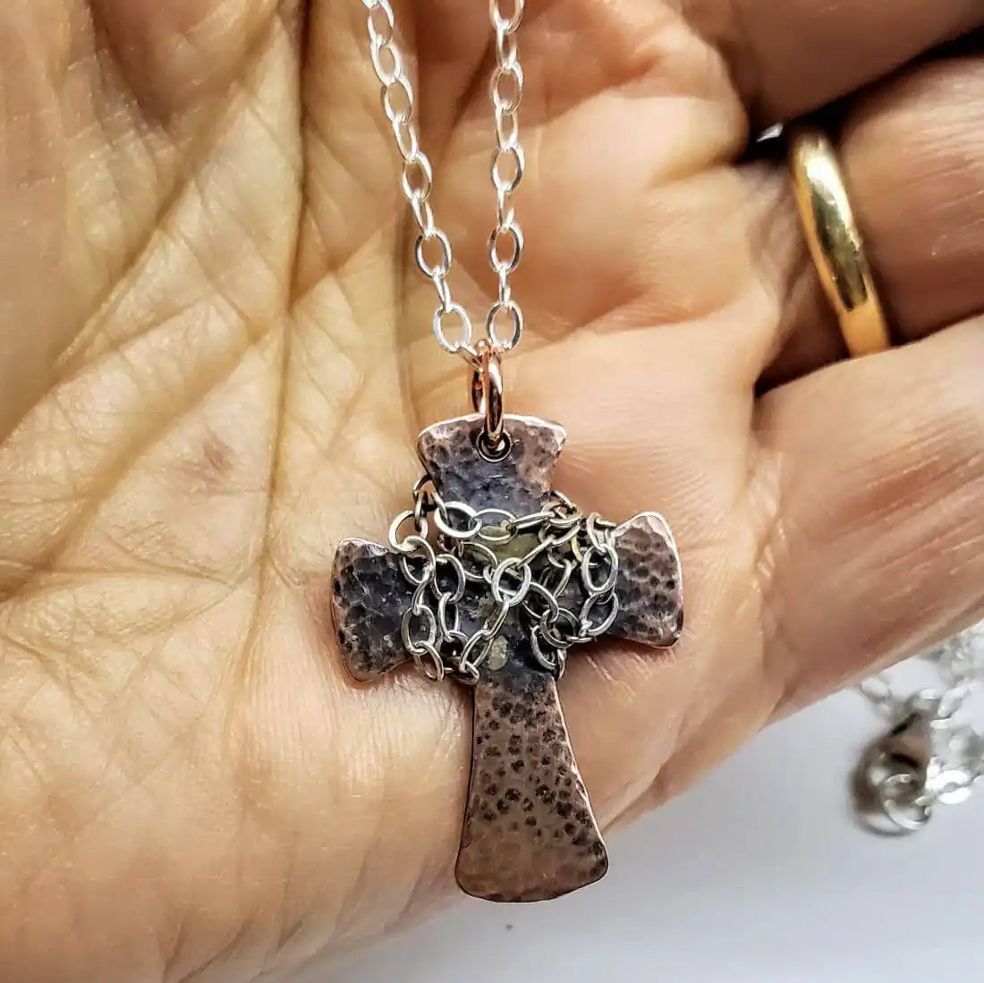 Chained Hammered Copper Cross Necklace For Him Or Her-3