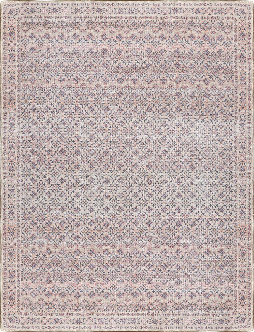 Azalee washable runner rug in beige and rust traditional oriental pattern on a wooden floor
