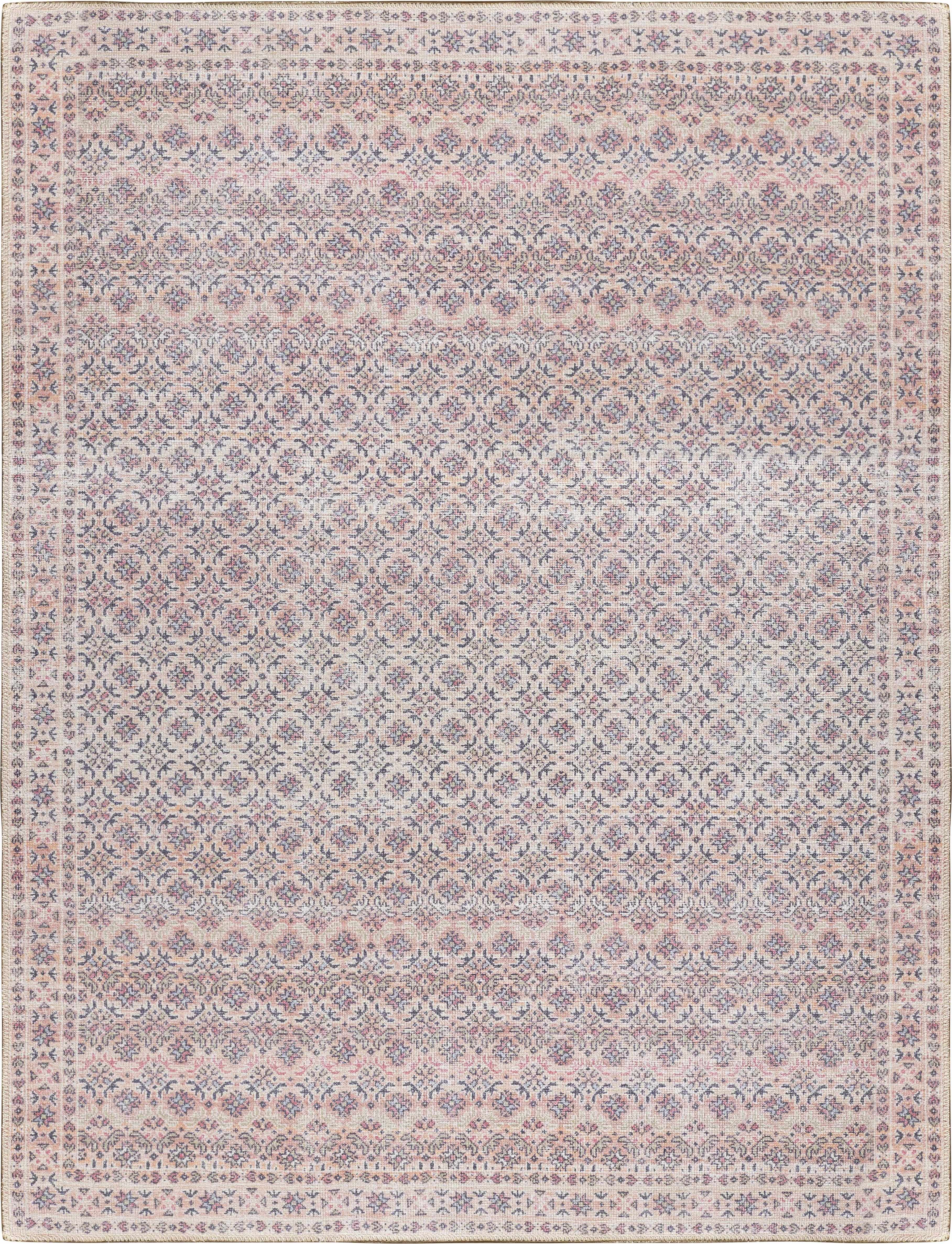 Azalee washable runner rug in beige and rust traditional oriental pattern on a wooden floor