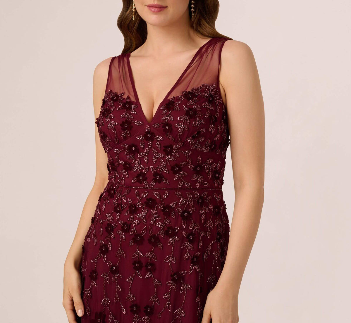V Neck Floor Length Velvet Formal Beaded Gown with Sheer Tank Straps Adrianna Papell AP1E211438-3