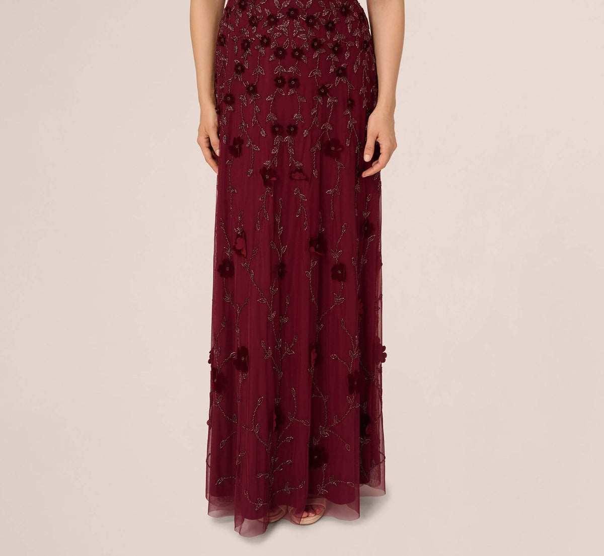 V Neck Floor Length Velvet Formal Beaded Gown with Sheer Tank Straps Adrianna Papell AP1E211438-4