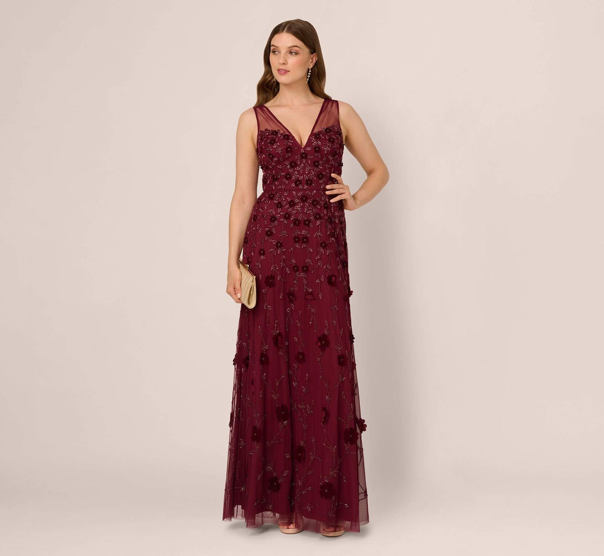 V Neck Floor Length Velvet Formal Beaded Gown with Sheer Tank Straps Adrianna Papell AP1E211438-2