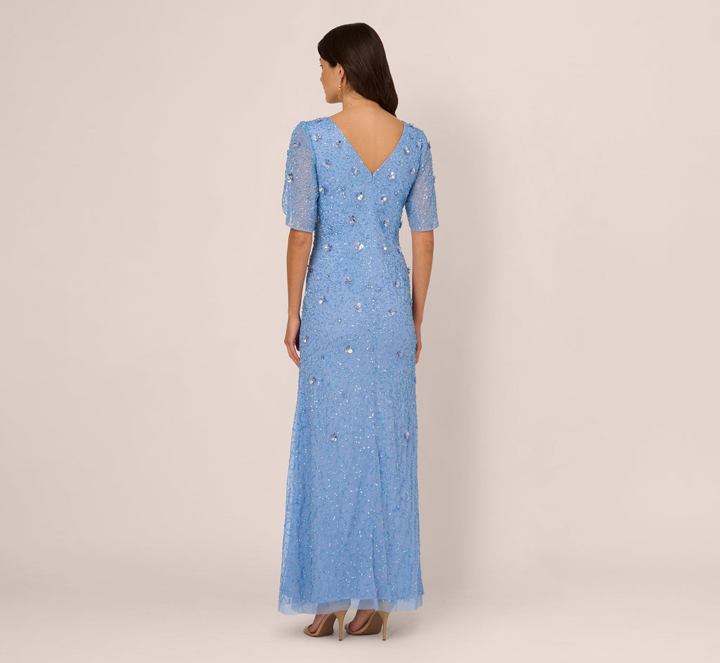 V-Neck Floor-Length Mesh Formal Mermaid Gown 3D Floral Adrianna Papell AP1E212045-1