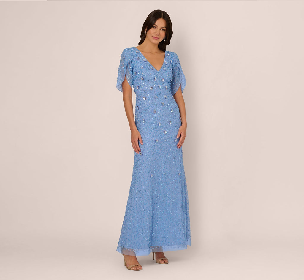 V-Neck Floor-Length Mesh Formal Mermaid Gown 3D Floral Adrianna Papell AP1E212045-0