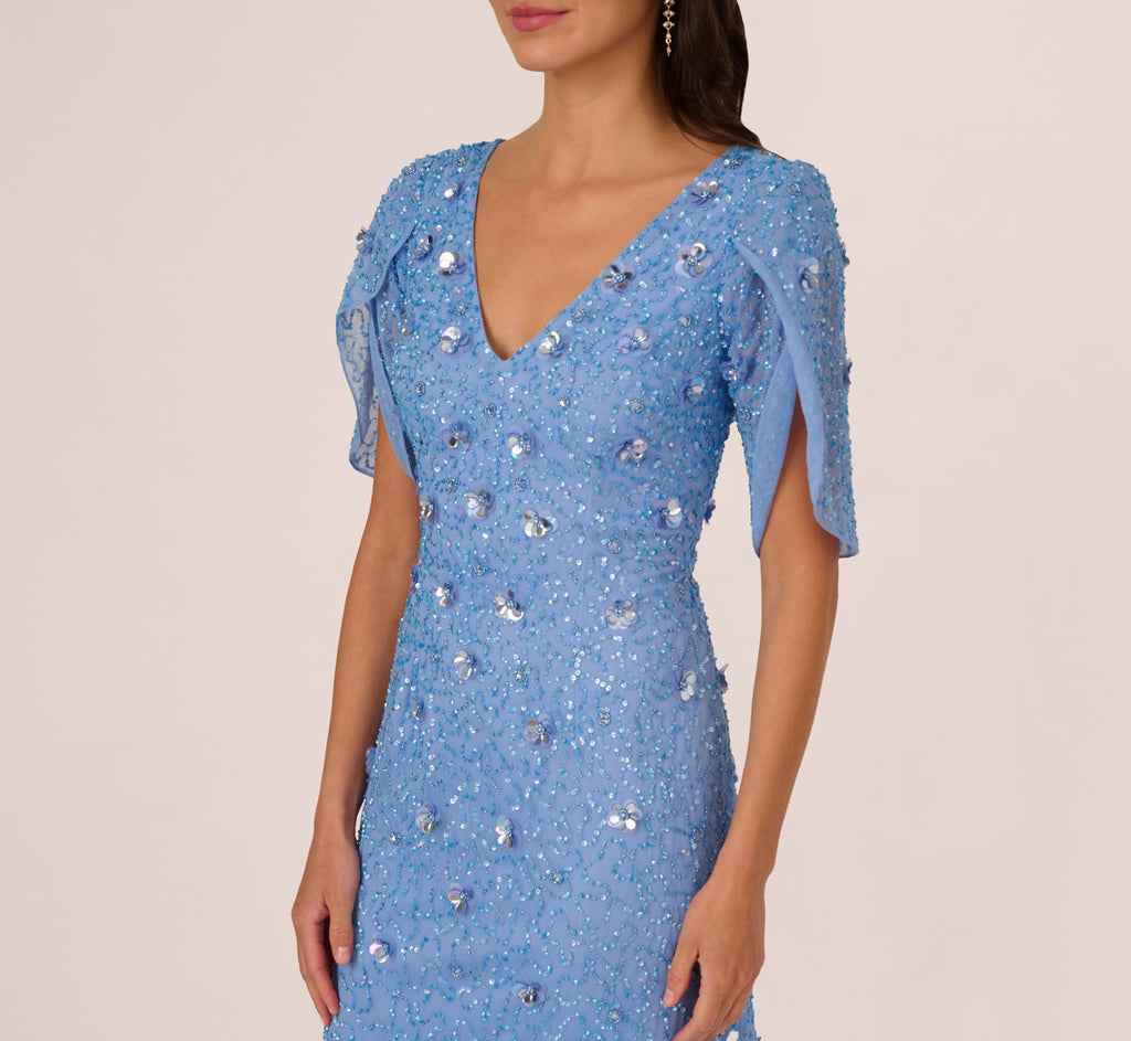 V-Neck Floor-Length Mesh Formal Mermaid Gown 3D Floral Adrianna Papell AP1E212045-3