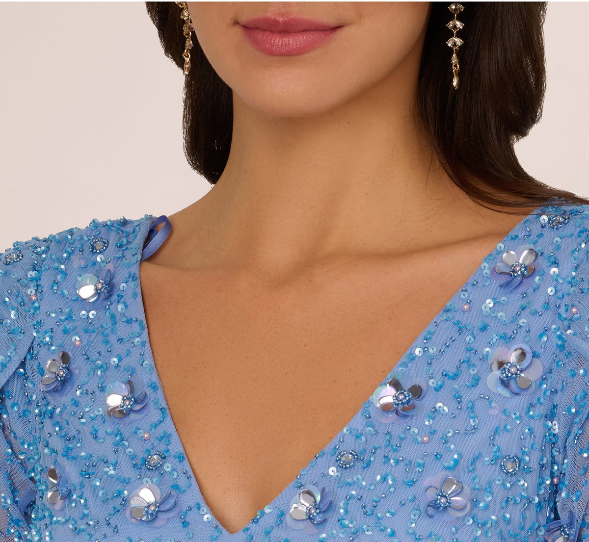 V-Neck Floor-Length Mesh Formal Mermaid Gown 3D Floral Adrianna Papell AP1E212045-4
