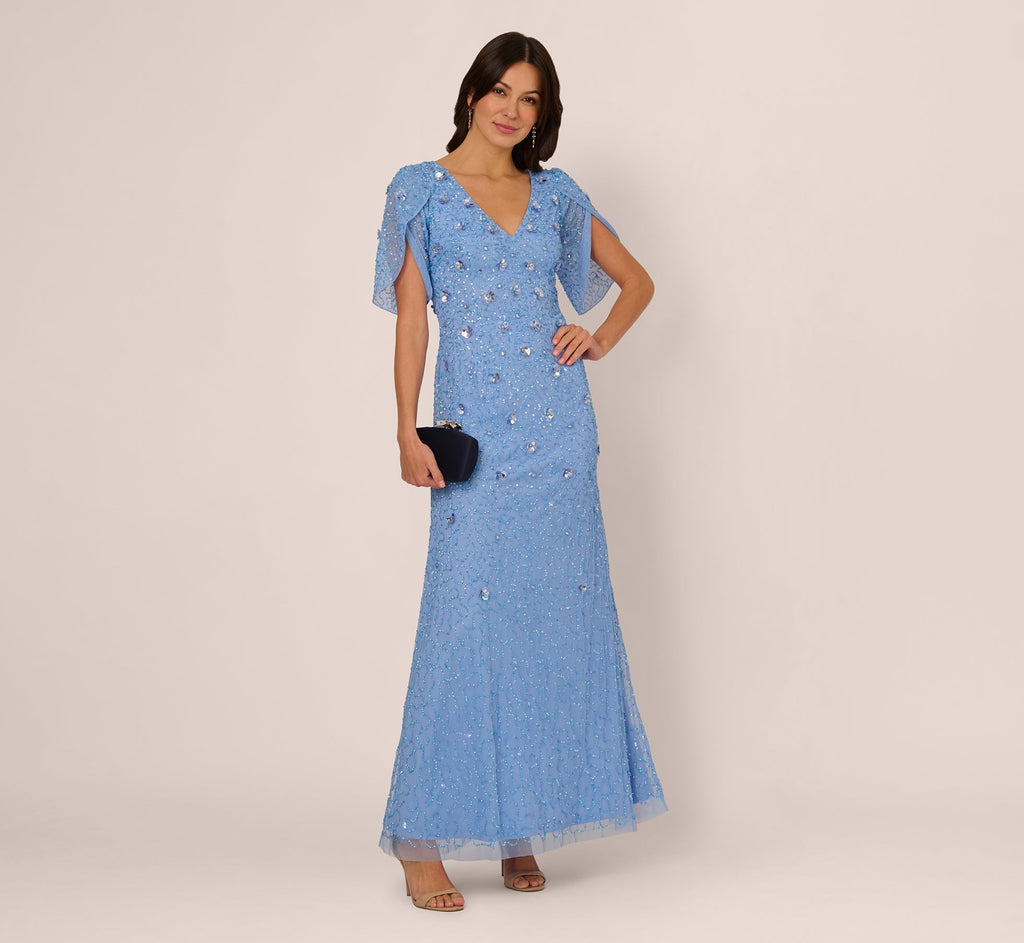 V-Neck Floor-Length Mesh Formal Mermaid Gown 3D Floral Adrianna Papell AP1E212045-2