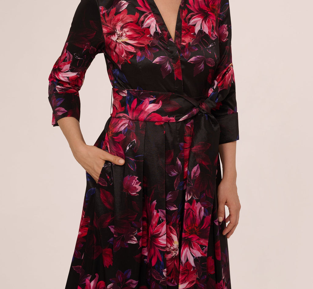 V-Neck Midi Satin Formal A-Line Dress by Adrianna Papell AP1E212267-3
