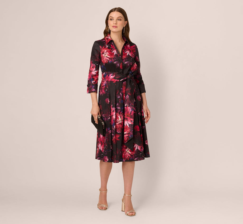 V-Neck Midi Satin Formal A-Line Dress by Adrianna Papell AP1E212267-0
