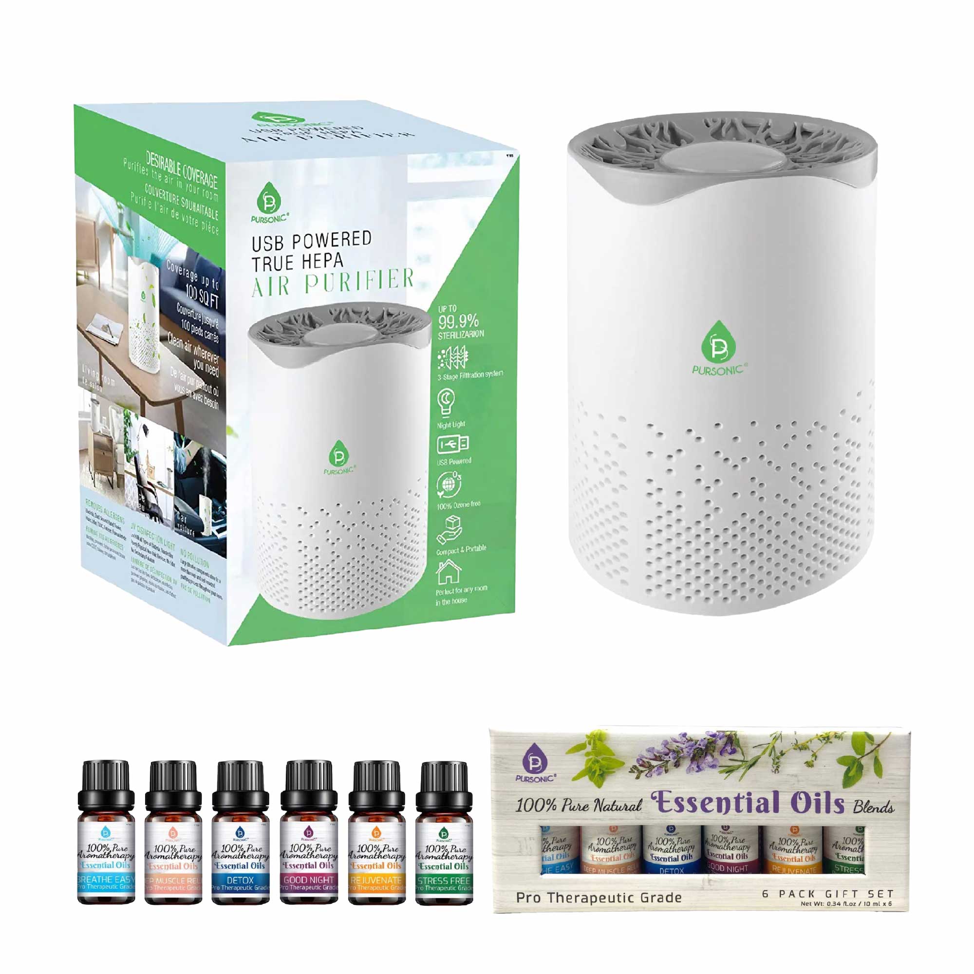 Pursonic air purifier with true HEPA filter and six pack of premium natural essential oils — view 4