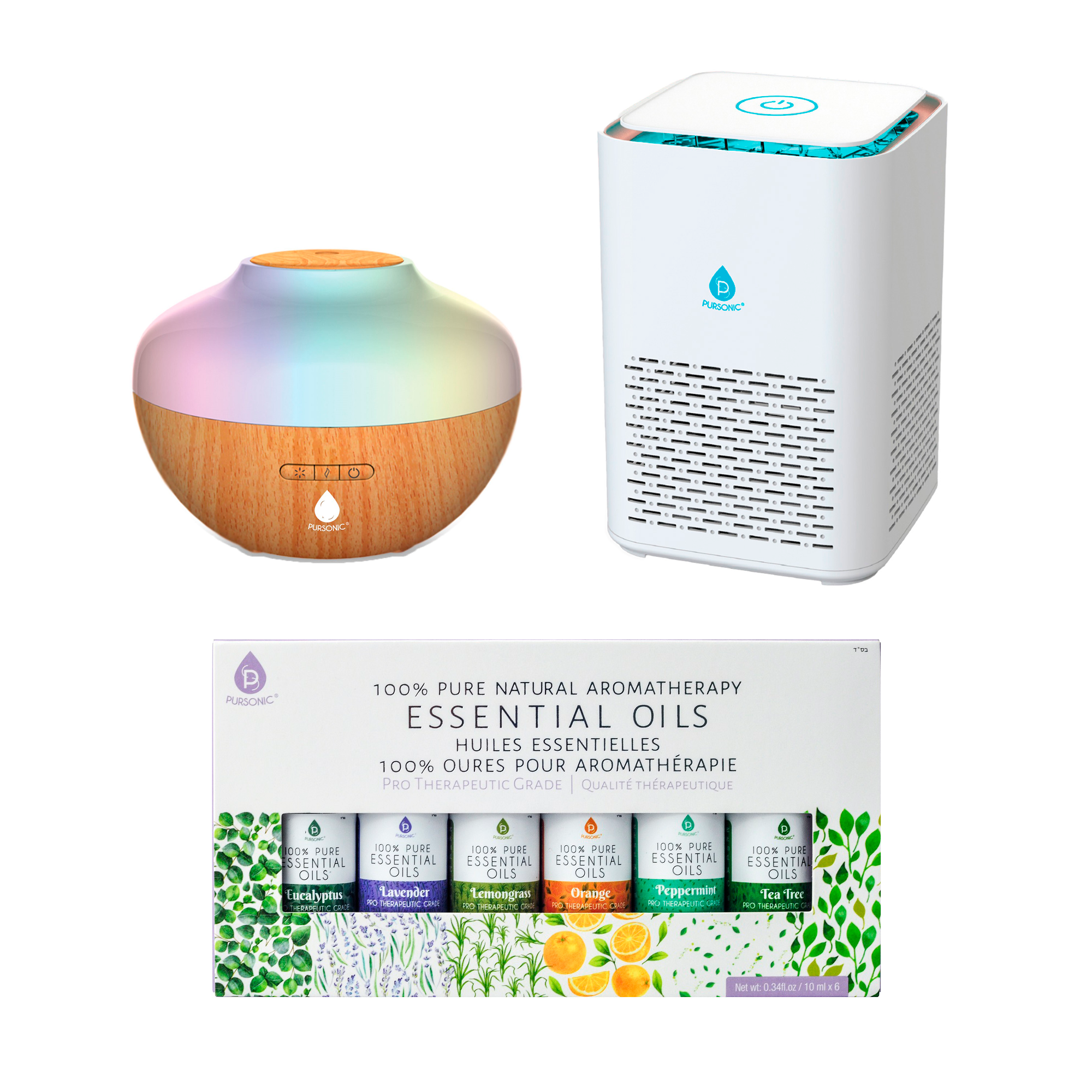 True HEPA air purifier ultrasonic diffuser and six essential oil bottles for home wellness and relaxation