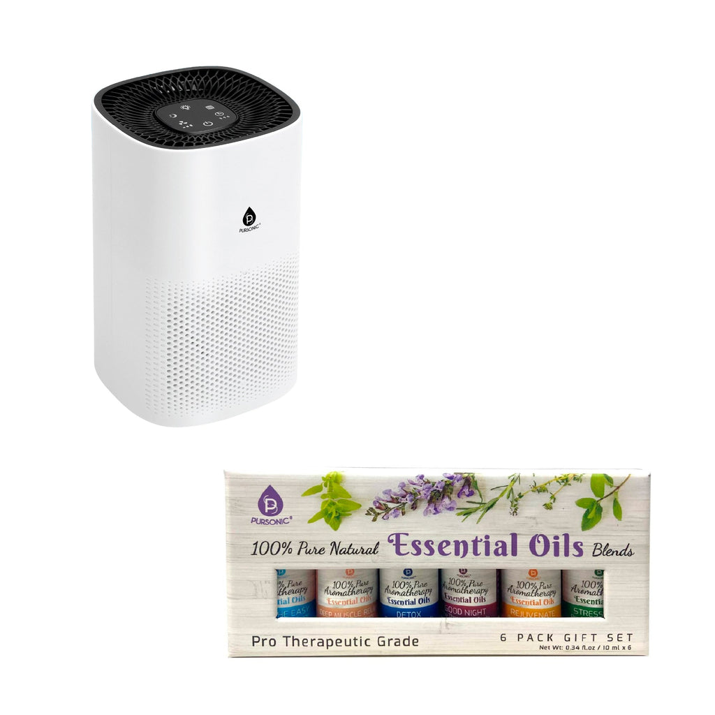 Pursonic true HEPA air purifier bundle with six pack of therapeutic 10ml essential oil blends