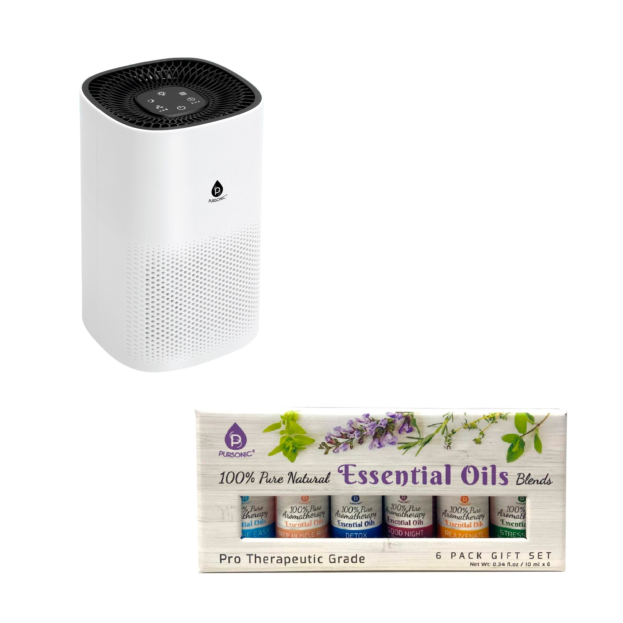 Pursonic true HEPA air purifier bundle with six pack of therapeutic 10ml essential oil blends