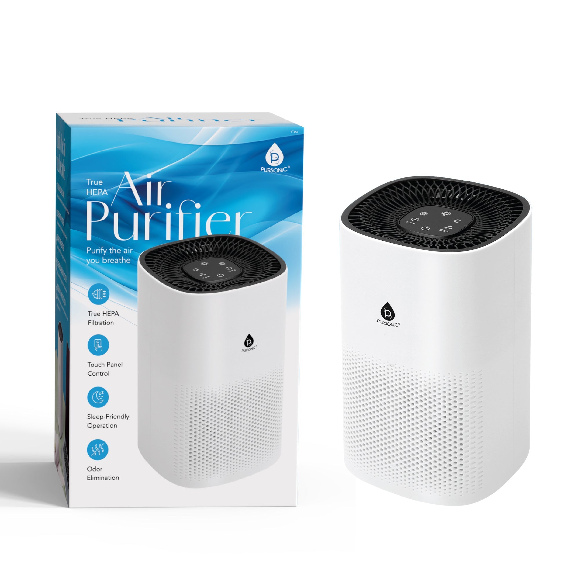 Compact charcoal silver True HEPA air purifier with touch control panel for home and bedroom.