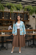 Plus size sky blue floral printed women's blazer made of lightweight breathable cotton slub.