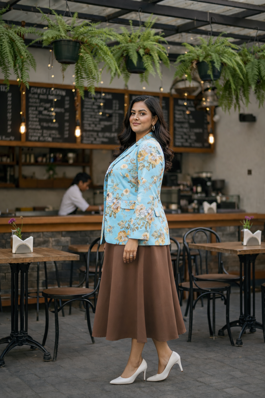 Plus size sky blue floral printed women's blazer made of lightweight breathable cotton slub. — view 4