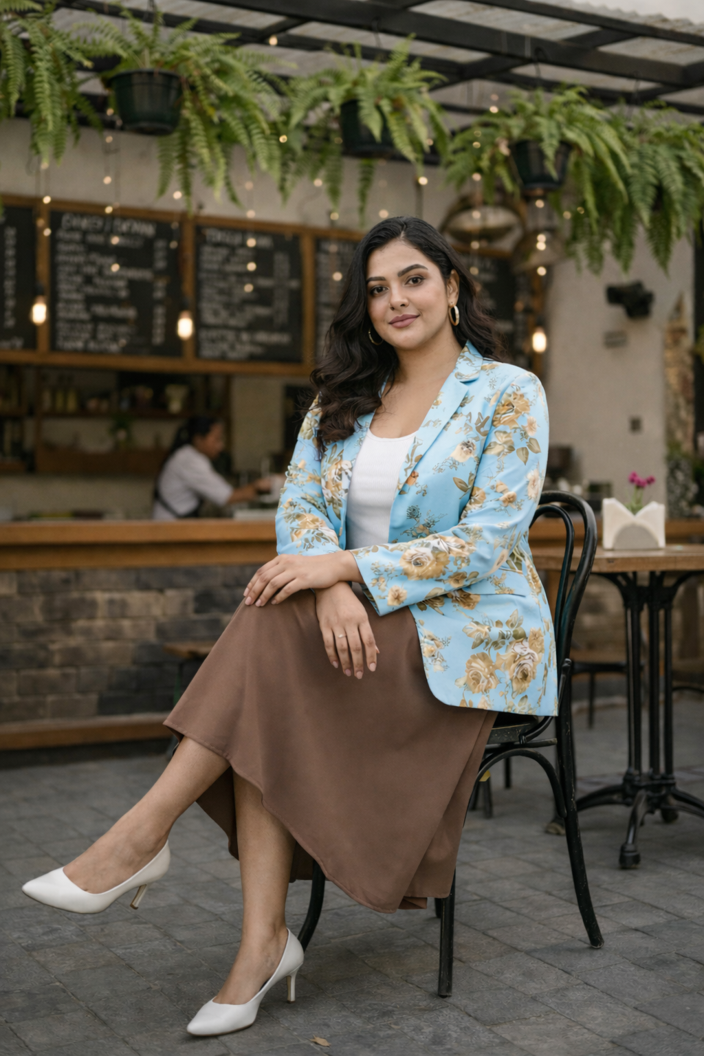 Plus size sky blue floral printed women's blazer made of lightweight breathable cotton slub. — view 3
