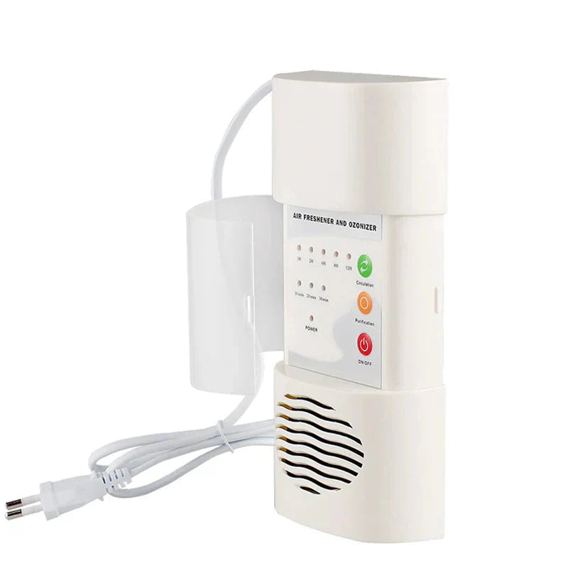 Compact white wall-mounted air ozonizer and purifier unit with LED display for home deodorization.
