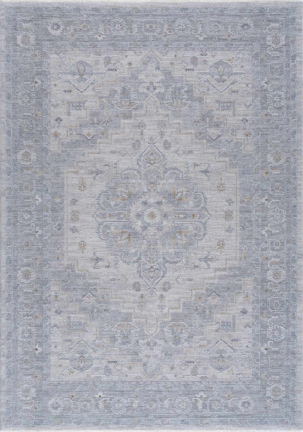 Semaphore thick luxe area rug with traditional medallion pattern in light gray and serene blue```gray and serene blue