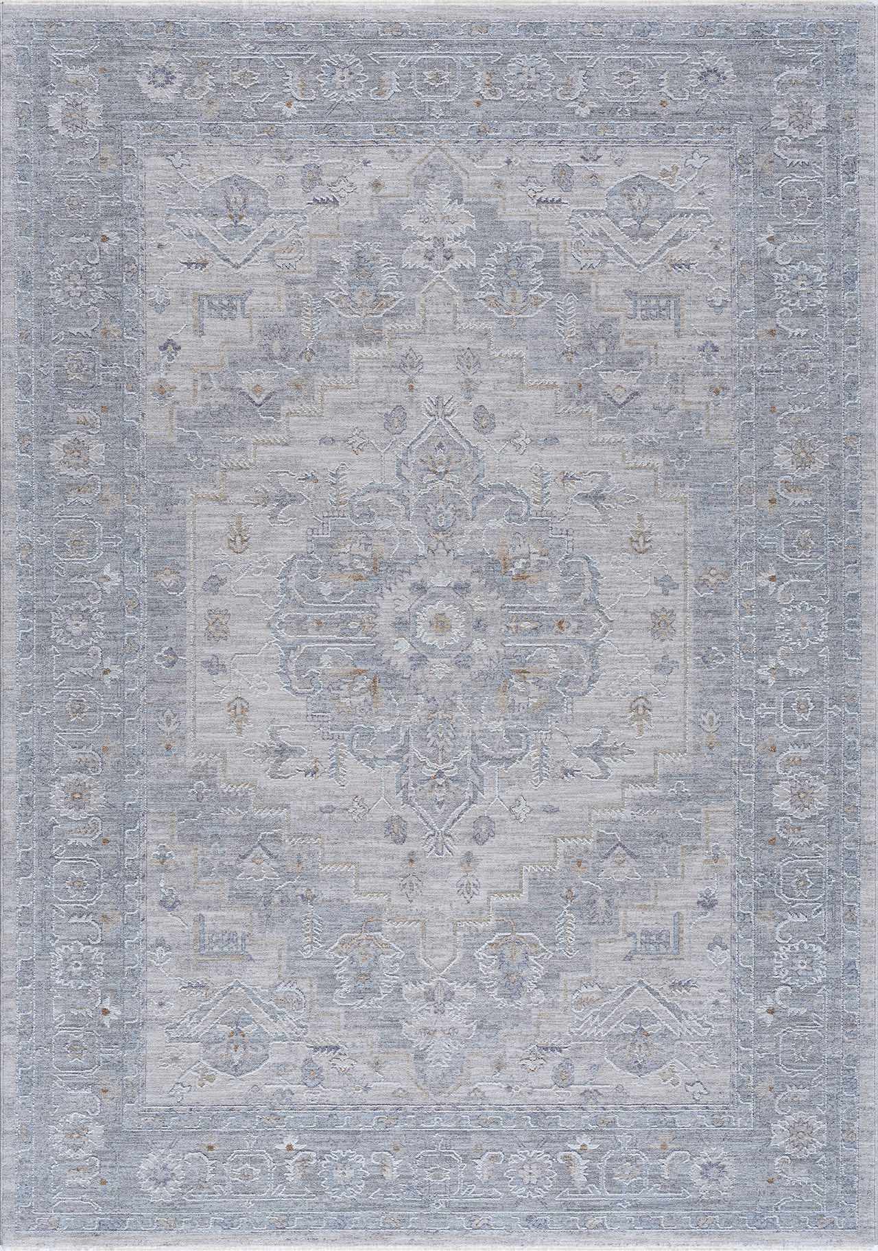 Semaphore thick luxe area rug with traditional medallion pattern in light gray and serene blue```gray and serene blue