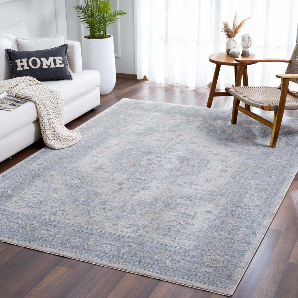 Semaphore thick luxe area rug with traditional medallion pattern in light gray and serene blue```gray and serene blue — view 4