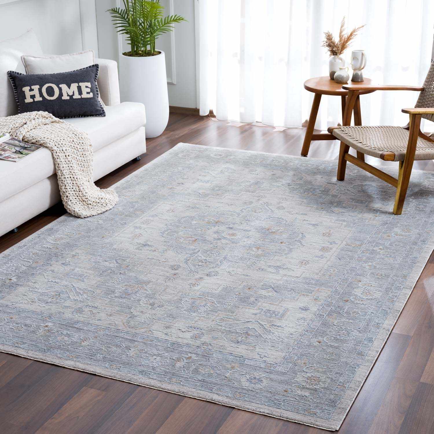 Semaphore thick luxe area rug with traditional medallion pattern in light gray and serene blue```gray and serene blue — view 4